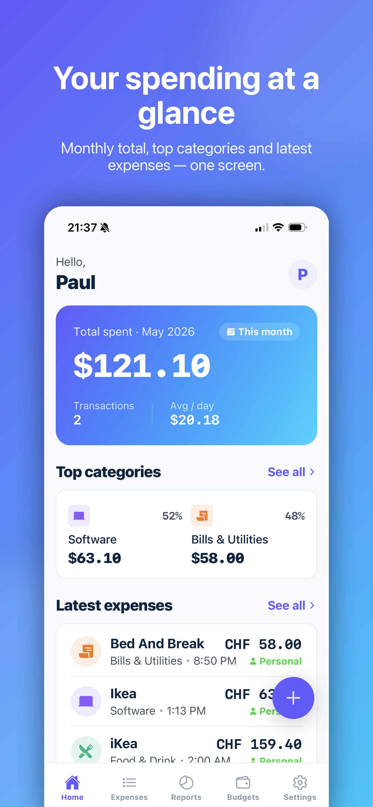 Expensator home screen showing the monthly overview